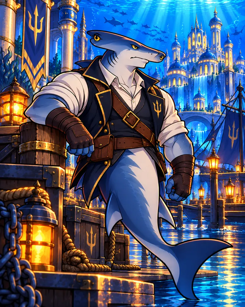 Hank, a hammerhead in a waistcoat and leather bracers, leaning on a crate at the Surface Sea docks