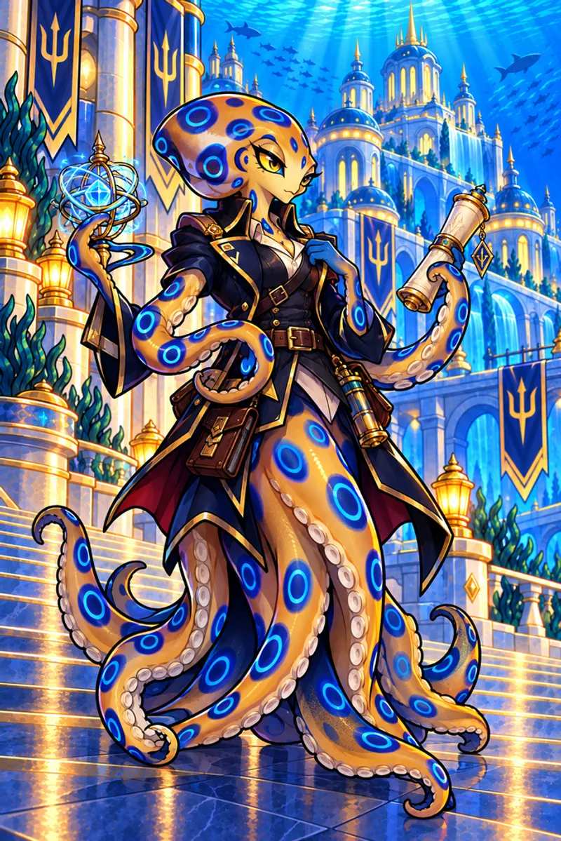 Iris, a blue-ringed octopus in a dark officer's coat, a glowing orb in one tentacle and a scroll in another, on the palace steps of Surface Sea