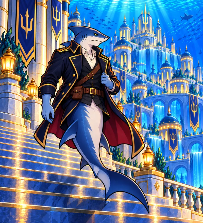 Jack, a great white shark in a worn black officer's coat, walking down the palace steps of Surface Sea