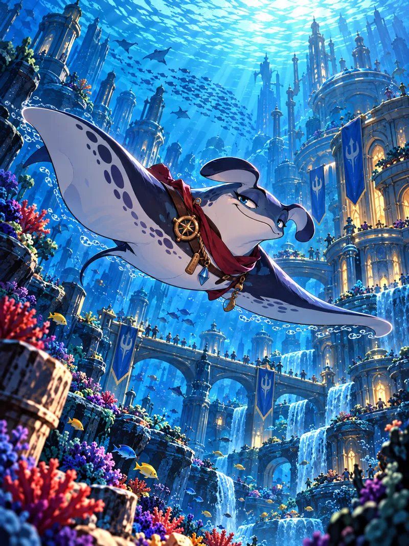 Nico, a manta ray with a red scarf and a ship's wheel pendant, gliding over the coral gardens and towers of Surface Sea