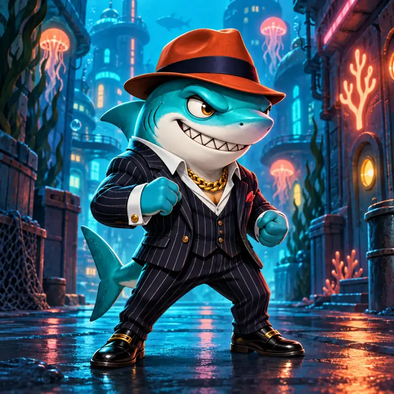 Tidebreaker, a playable Shark in a pinstripe suit and red fedora, ready to fight