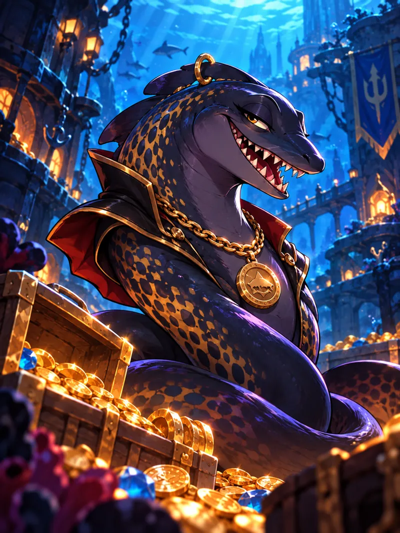 Vince, a black moray in a red-collared coat and a gold chain, coiled among open treasure chests in the depths of Surface Sea